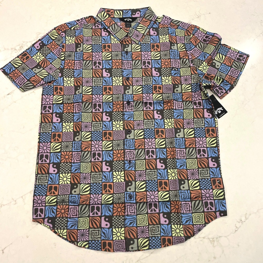 Billabong Chase SS Button Down Shirt Mens M Multi Color Cotton Peace Yin Yang